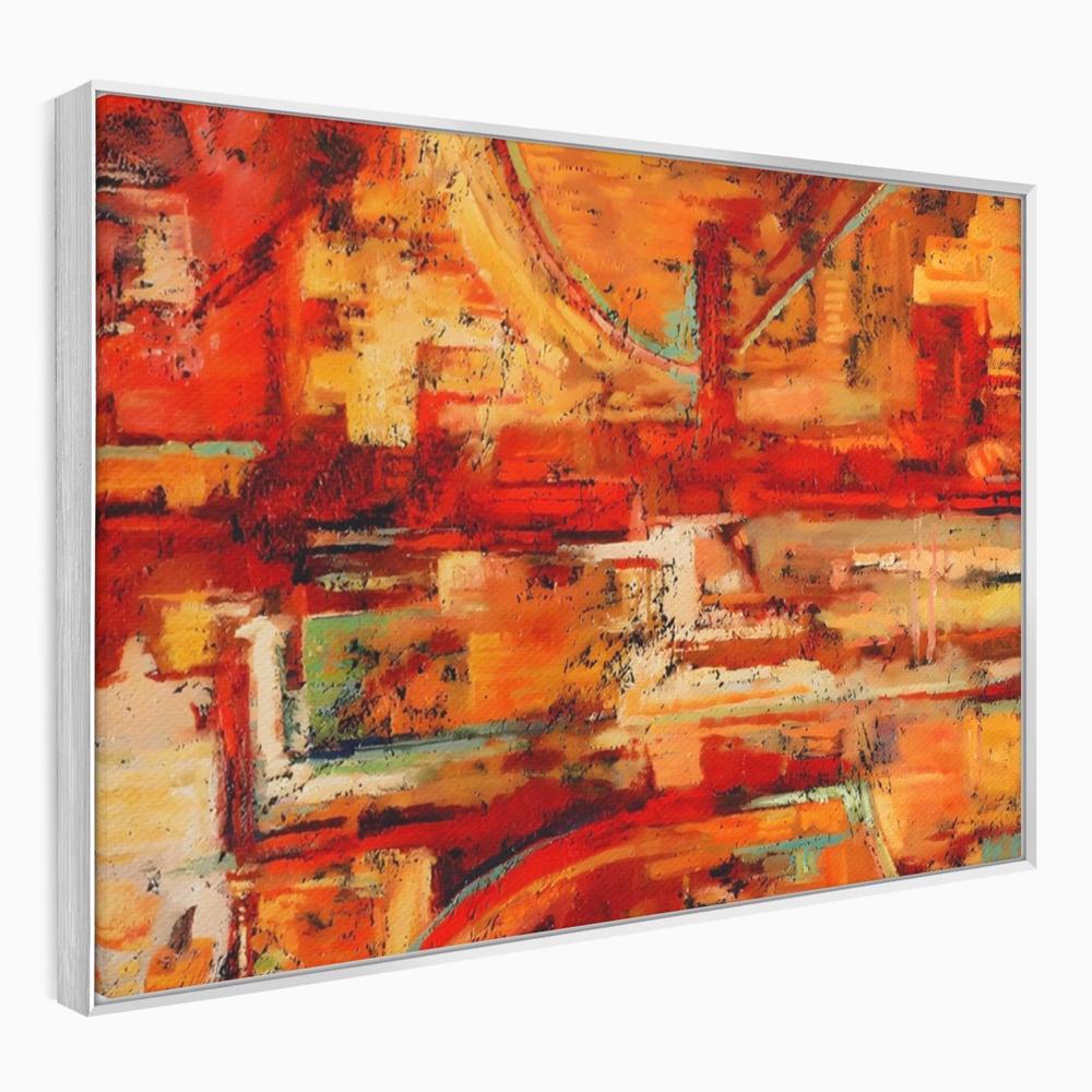 Tablou canvas cu pictura abstracta cu texturi in tonuri de rosu, in rama de aluminiu argintiu